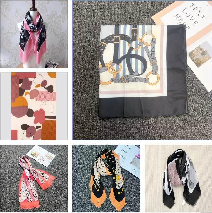 Comercio exterior original único español nuevo estampado bufanda de seda estilo de diseñador playa moda mujer bufanda chal