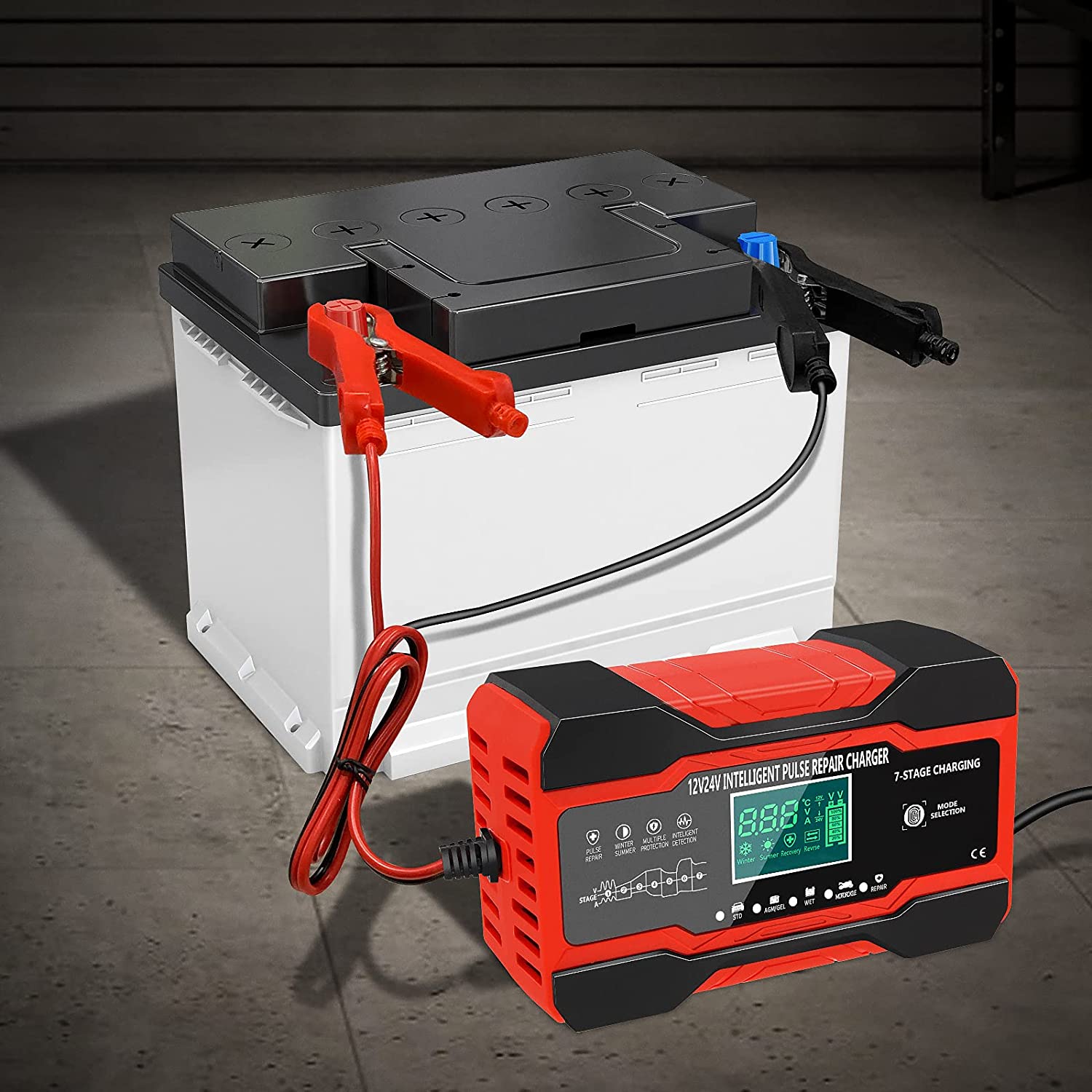 12V-24V auto-accu-oplader volledig automatisch 12V 10A digitale auto-acculader pulsreparatie voor AGM GEL WET-loodzuur