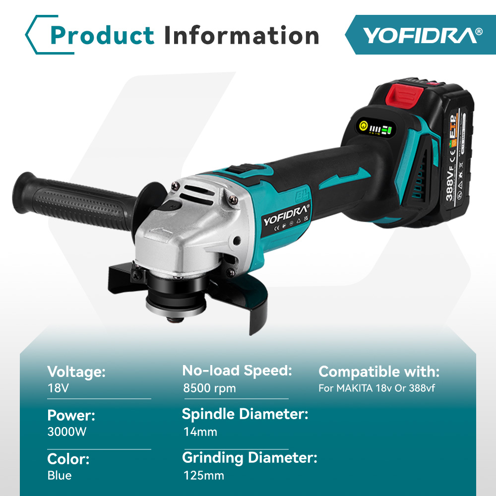 Yofidra 125mm moedor de ângulo sem escova 4 engrenagens sem fio máquina moagem corte madeira ferramenta elétrica para makita 18v bateria