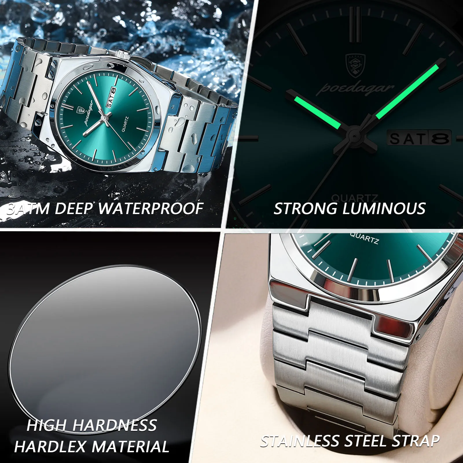Reloj de pulsera POEDAGAR de lujo de cuarzo para hombre, relojes deportivos para hombre, Reloj luminoso resistente al agua con fecha y semana, Reloj de acero inoxidable para hombre + caja