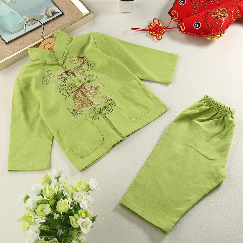 소년 코튼 라인 당나라 옷 긴 소매 Hanfu 세트 어린이 중국 스타일 셔츠 & 바지 2Pcs 복장 자수 드래곤 Kongfu 의상
