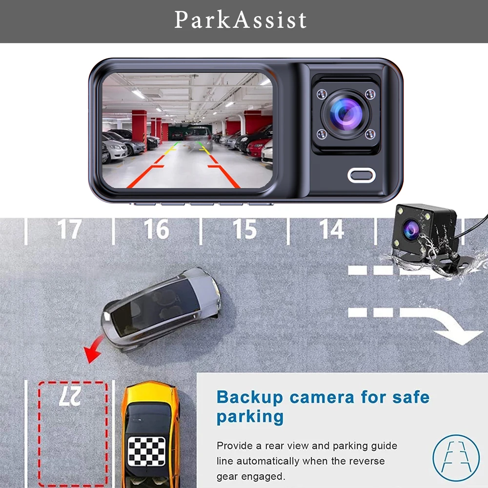 Dash Cam a 3 canali per telecamera per auto Black Box Videoregistratore 1080P Telecamera per retromarcia per accessori per auto DVR per auto