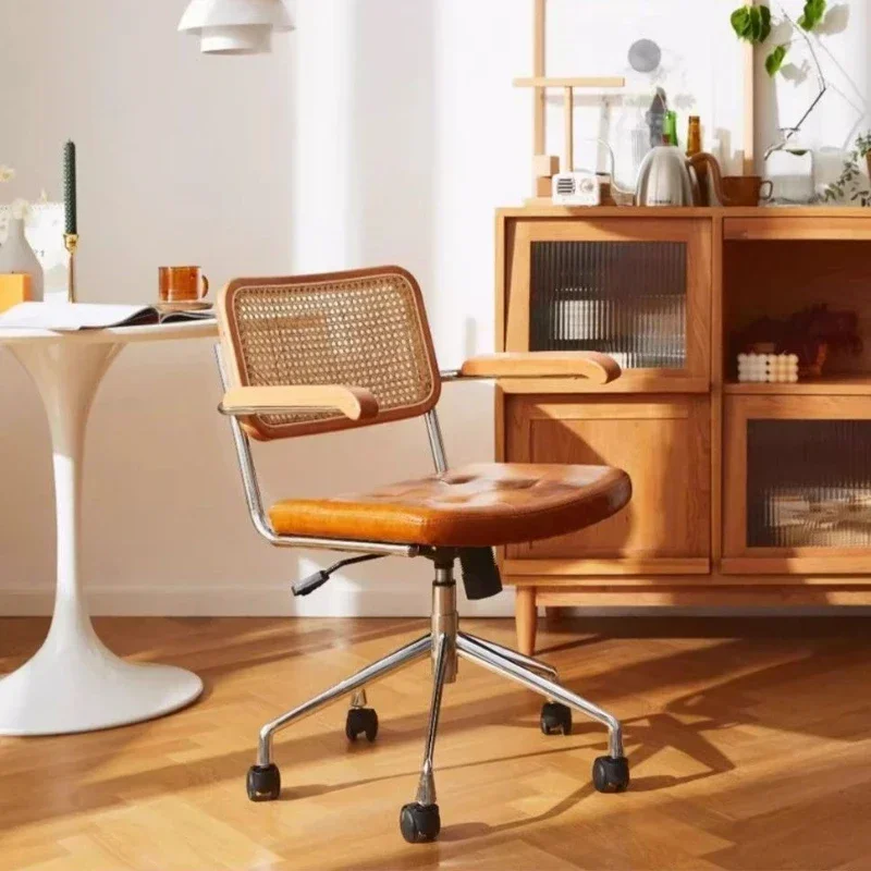 Rattan Weave Computer Chairs Japanese Comfortable Study Desk Seat Rotating Lifting Chair Breathable Armrest Backrest Chair