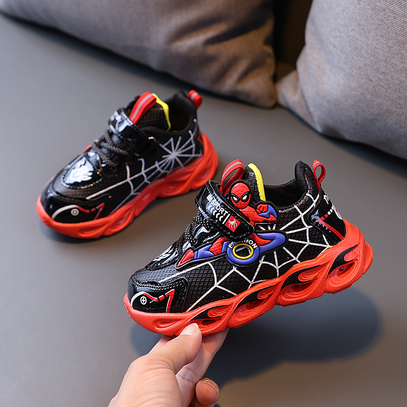 디즈니 소년 신발 LED 조명 만화 가을 어린이 스포츠 신발 가죽 미끄럼 방지 어린이 운동화 운동화 크기 25-35