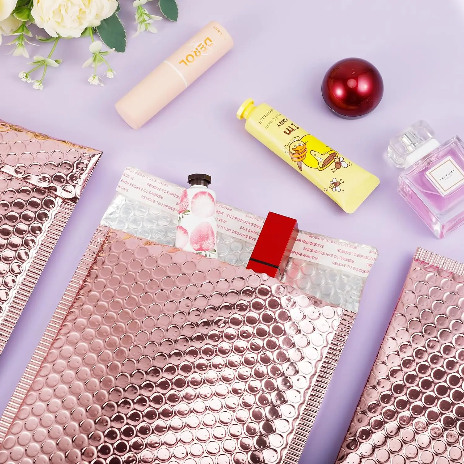 50 ชิ้นการจัดส่งบรรจุภัณฑ์ Rose Gold Holographic ขนาดเล็กธุรกิจอุปกรณ์โลหะ Bubble Mailer กระเป๋า Envelope Mailing สํานักงานโรงเรียน