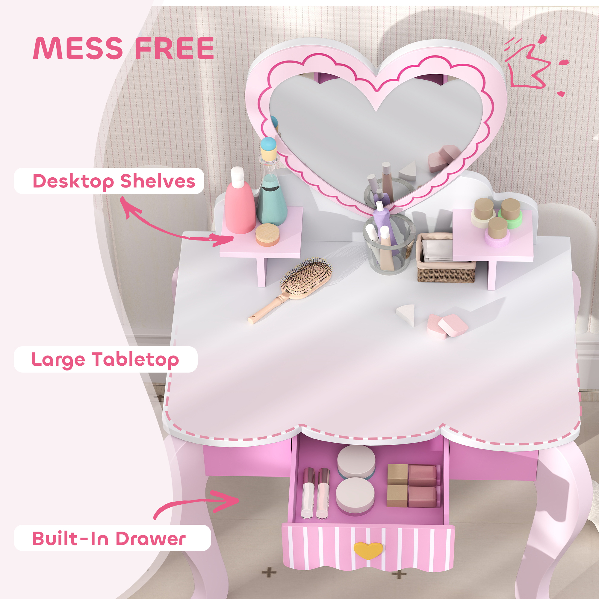 AIYAPLAY 2 PCS Kids Dressing Table Set with Stool, Mirror, Drawer, Desktop Storage, Heart Theme Girls Makeup Desk & Chair, Pink