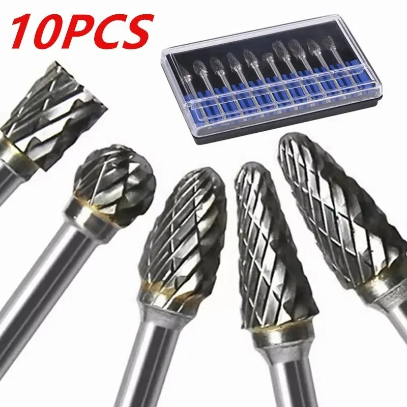 10-teiliges Hartmetall-Frässet, Hartlegierung aus Wolframstahl, doppelt geschnitten, Drehfeile, Fräserkopf, Holzbearbeitung, Schleifen, Schnitzen