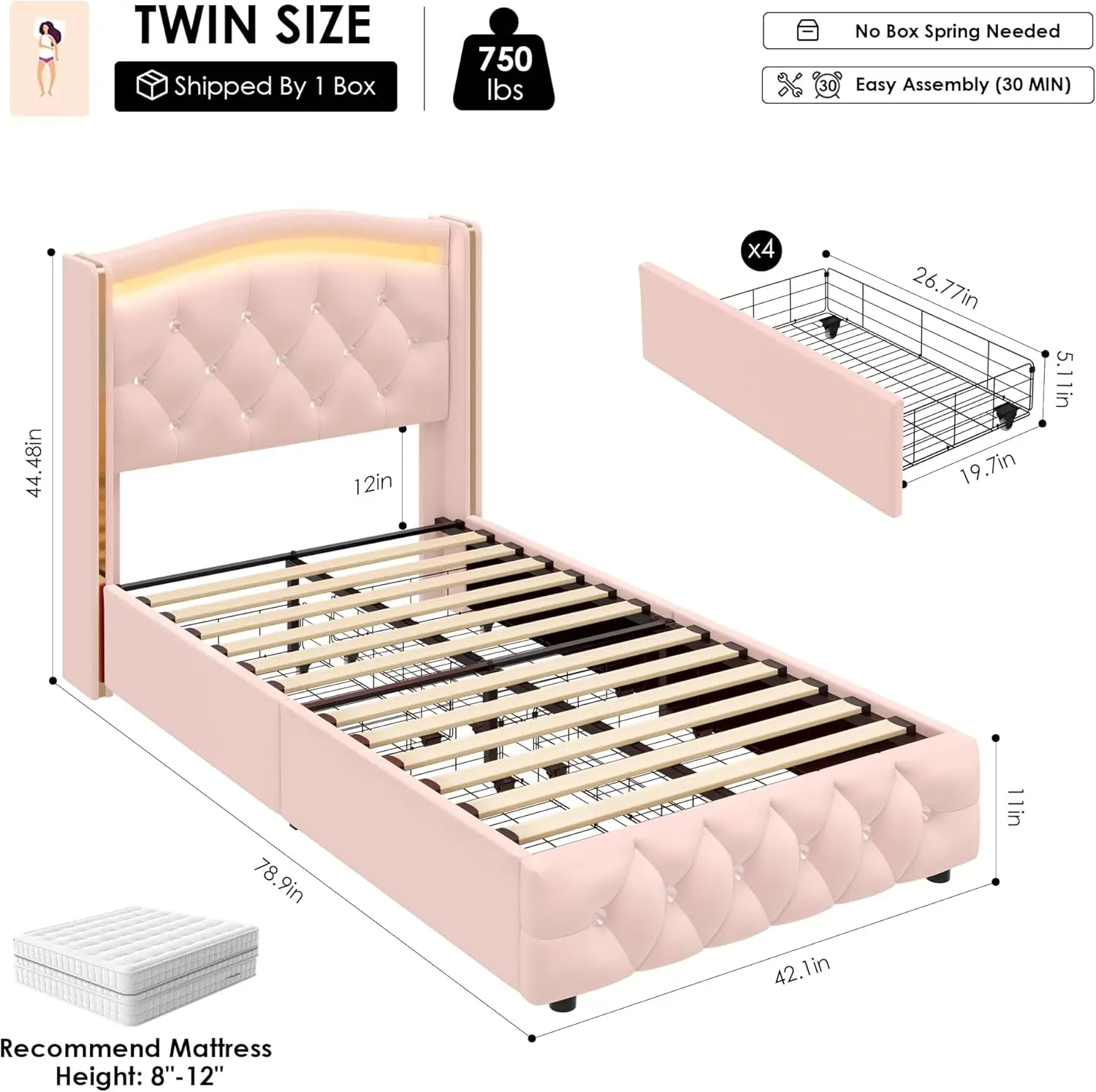 Upholstered Twin LED Bed Frame with Crystal Button-Tufted Headboard and 4 Storage Drawers, Velvet Princess Twin Size Platform Be