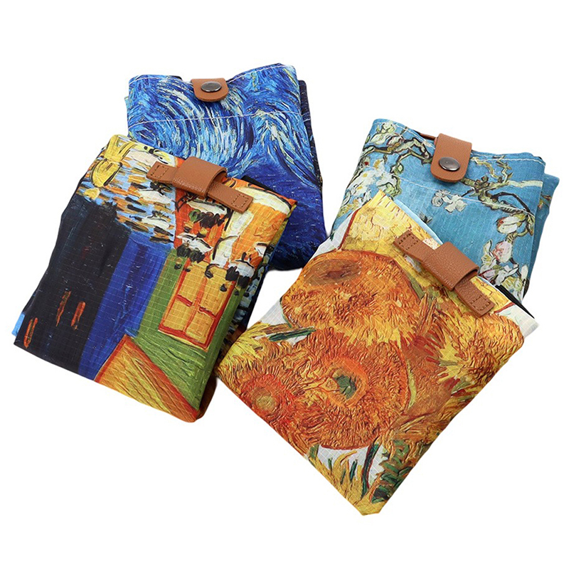 Bolsas de poliéster con estampado de Van Gogh, bolso de compras reutilizable para comestibles, bolsas de hombro, bolsa de almacenamiento para el hogar, 1 unidad
