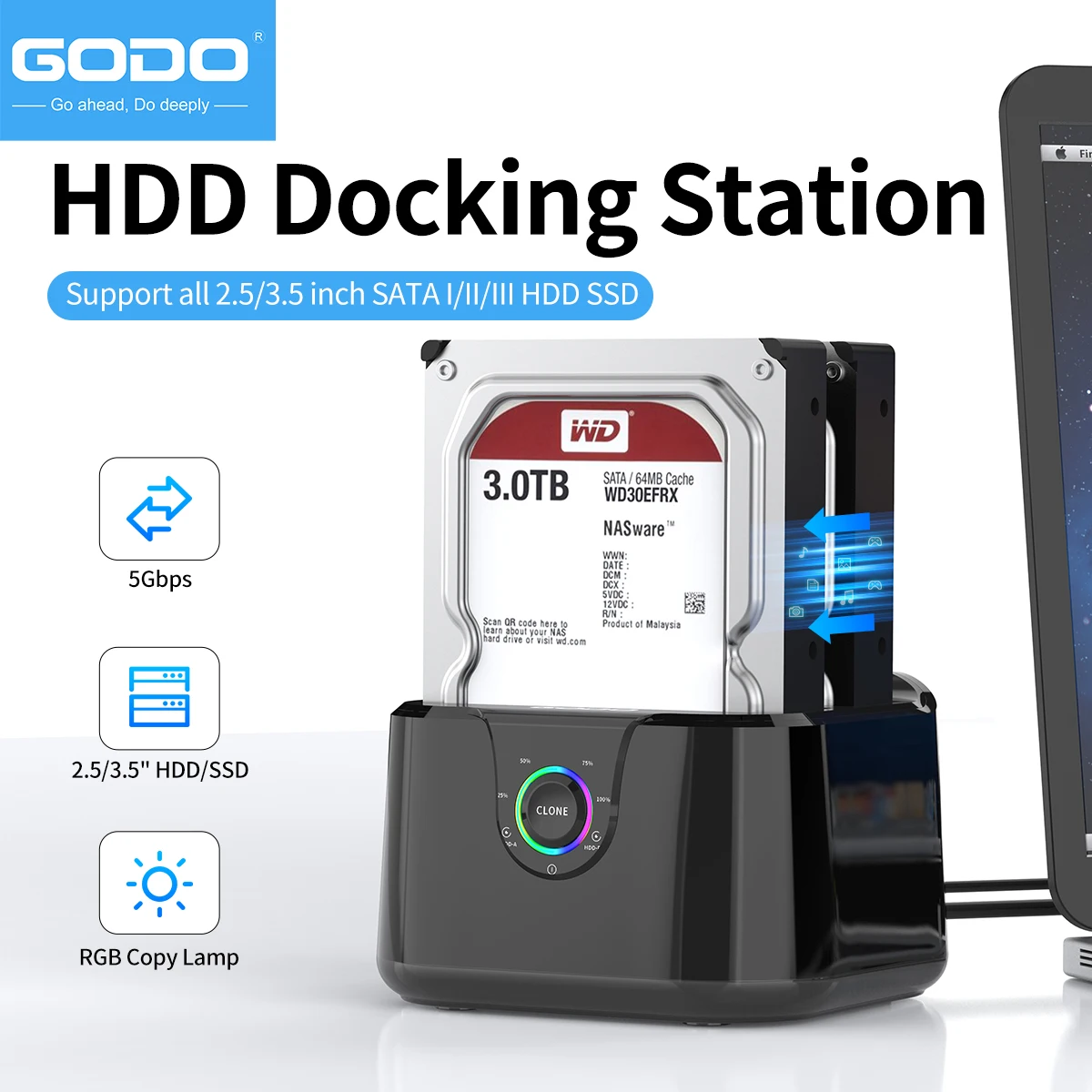 Док-станция GODO Dual Bay USB 3.0 для жестких дисков SATA 2,5/3,5-дюймовых жестких дисков/SSD со светодиодным индикатором — док-станция для жесткого диска