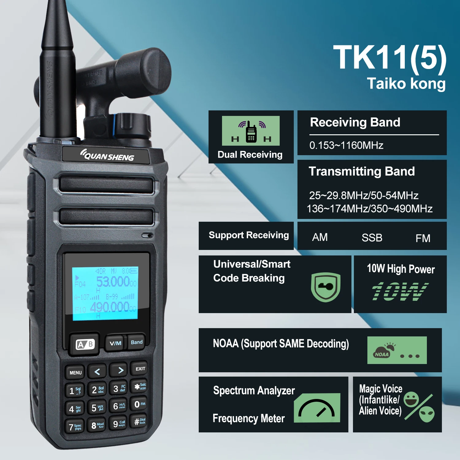 Quansheng TK11(5) Taiko Kong 10W 0.153-1160MHz Short Wave AM/SSB/FM Dual Receiving MW SW 999Ch Scrambler FM Walkie Talkie