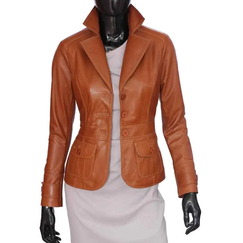 Damen echte Lammfell Leder Blazer braune Jacke Slim Fit Designer Mantel