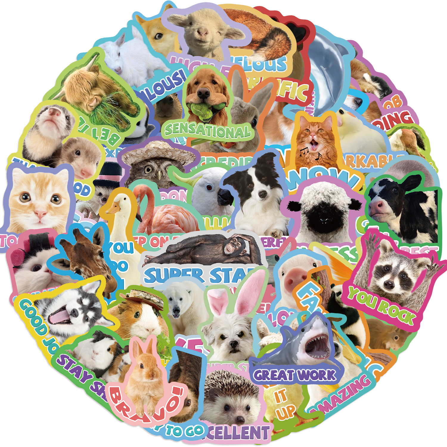 かわいい漫画の動物のステッカー、荷物、ギター、スケートボード、ラップトップ、日記、落書き、50個用の防水ビニールステッカー
