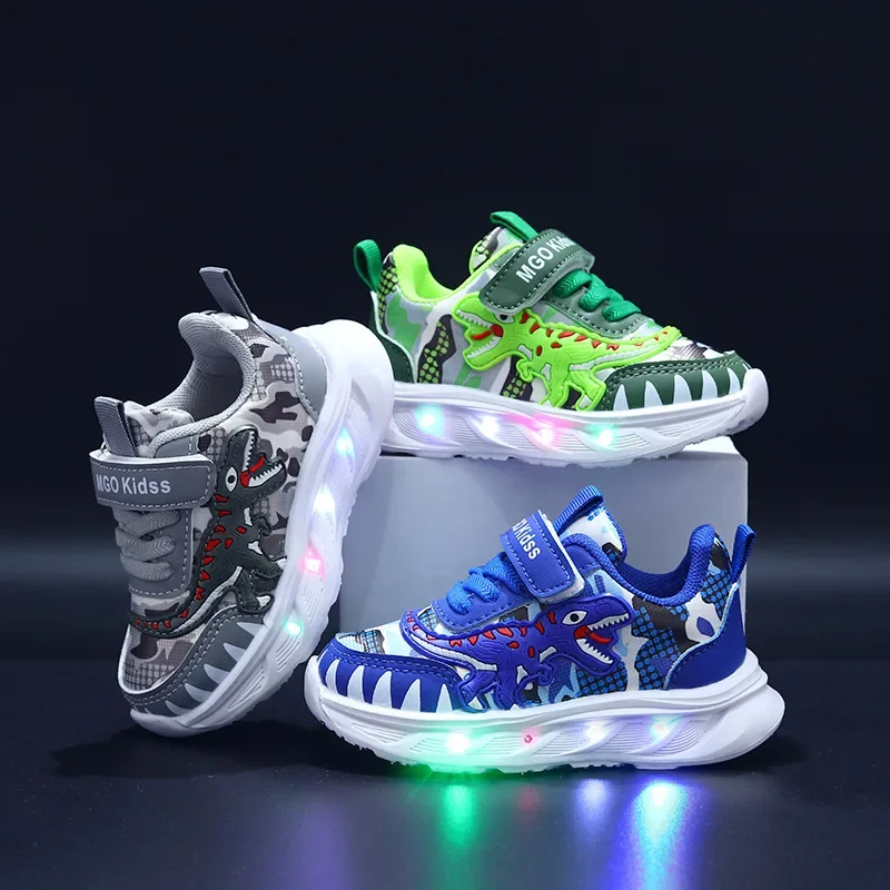 Primavera novas crianças sapatos esportivos dos desenhos animados dinossauro crianças sapatos de luz led sola macia tênis casuais para meninos 2-6 anos de idade
