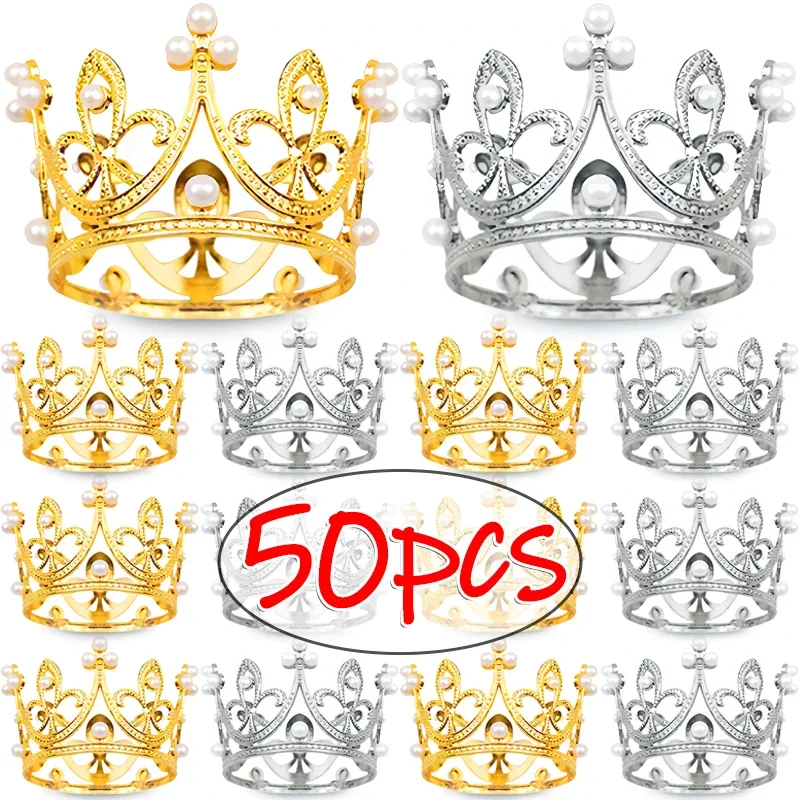 Mini Pearl Crown Cake Decoration Cupcake Topper Kids Hair Ornaments DIY Cake Baking Decoration For Wedding Birthday Party Decor