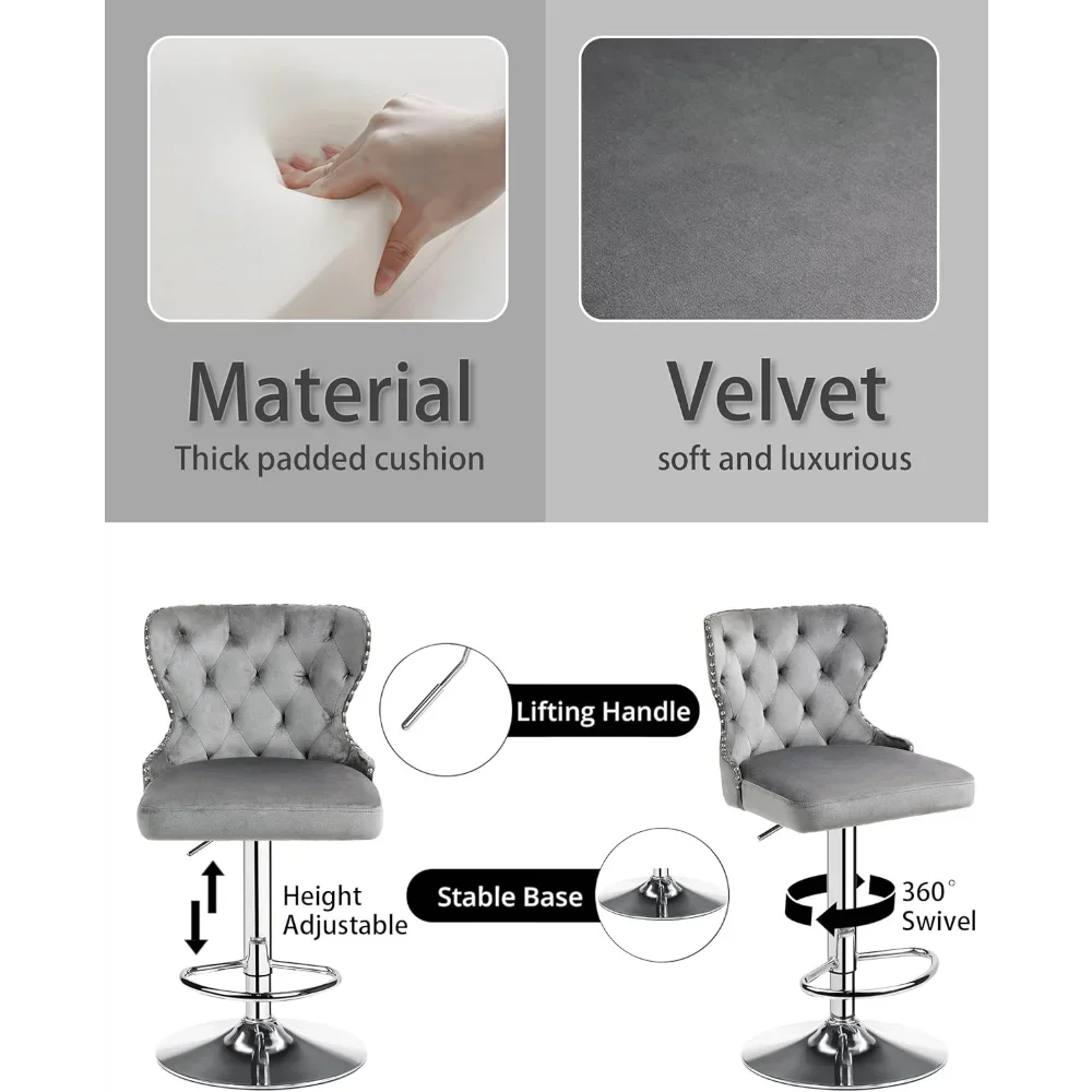 Set of 2 Adjustable Swivel Bar Stools,Velvet Upholstered Counter Height Chairs with Nailhead Trim, Silver Footrest
