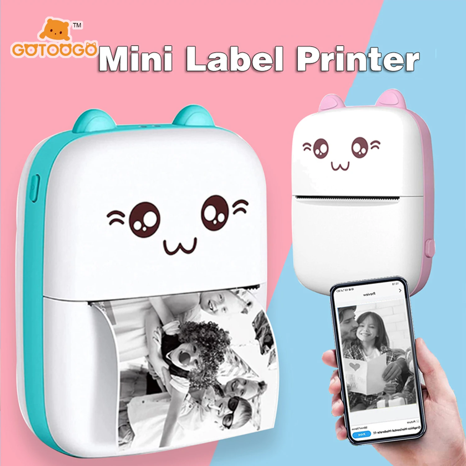 ミニポケットプリンター、写真用のワイヤレスbt接続サーマルプリンター請求書メモラベルポータブルスキンレスギフトプリンター