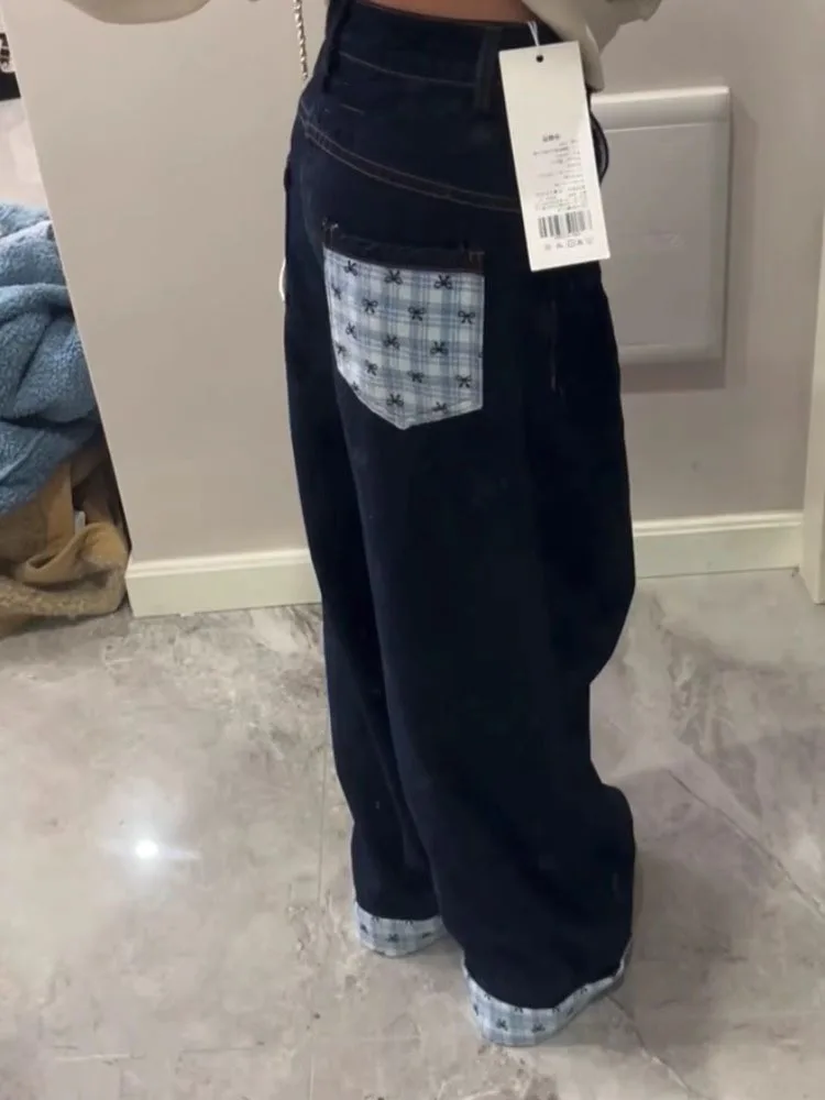 American High Street Design Plaid Splicing Denim Pants Women's Loose Straight Leg Wide Leg Floor-Length Trousers