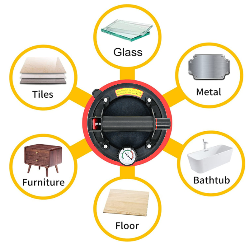 Vacuümzuignap 8 inch 250 kg met manometer Plastic handvat Heavy Duty Lifter voor granieten tegelglas Handmatig tillen