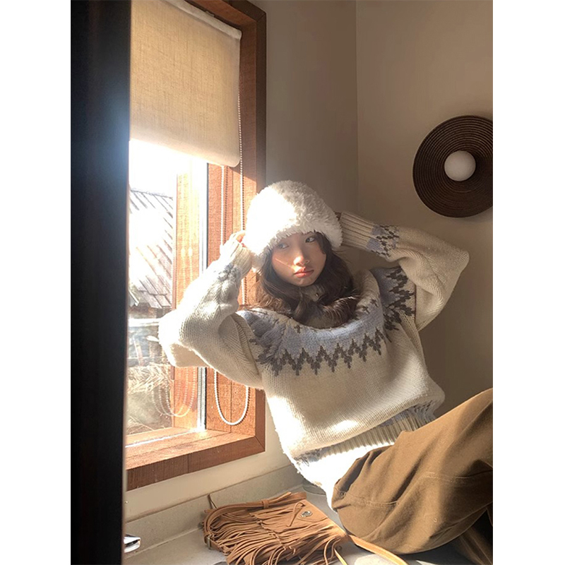 Vintage Print Pullover Frauen Japanischen Harajuku Übergroßen Gestrickte Pullover Winter Ästhetischen Langarm Jumper Koreanische Strickwaren