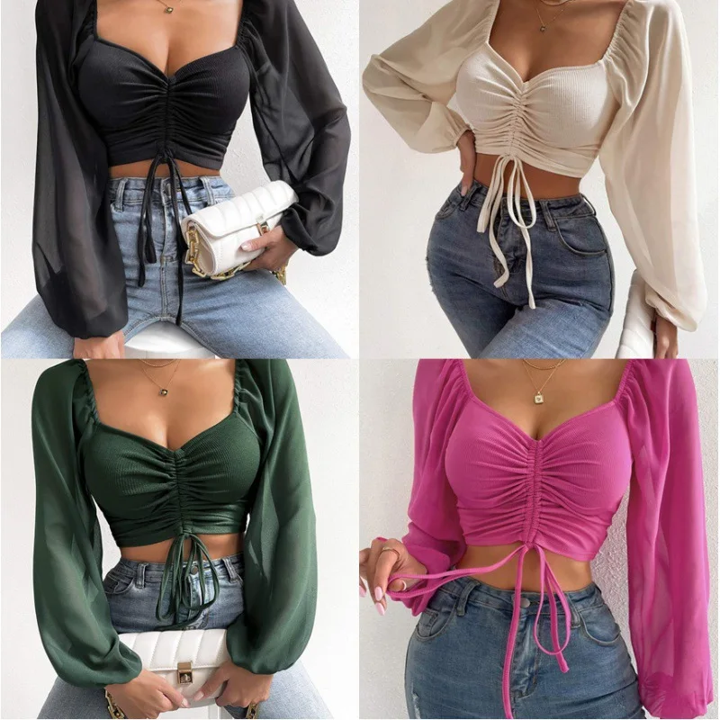 Frauen Frühling Herbst Lange Puff Sleeve Tops Tees Lose Chiffon Stricken Tiefem V-ausschnitt T-shirts Fashion Solid Casual Raffen T shirts