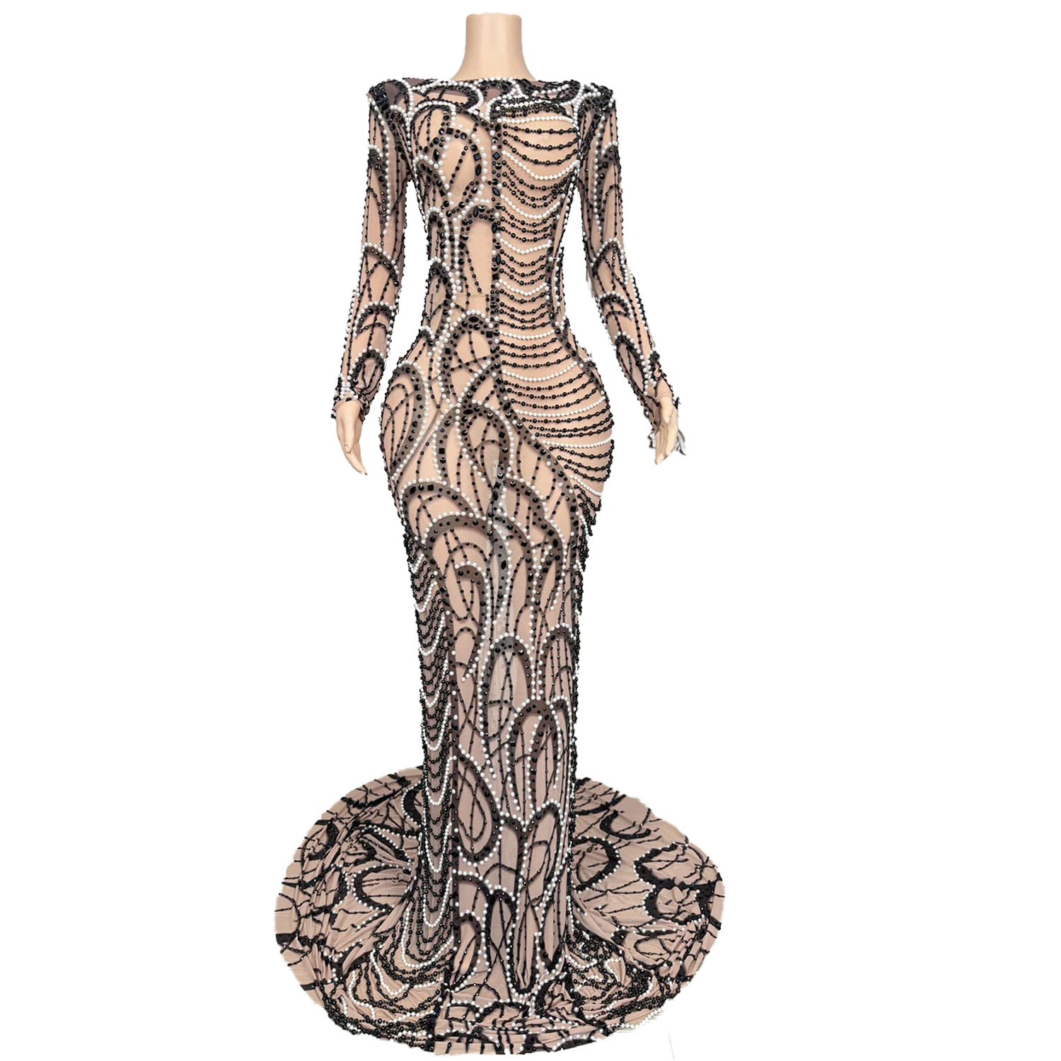 Женское вечернее платье Design Sense, черно-белое двойное цветное жемчужное сексуальное сетчатое платье знаменитостей с красной ковровой дорожкой yueshi