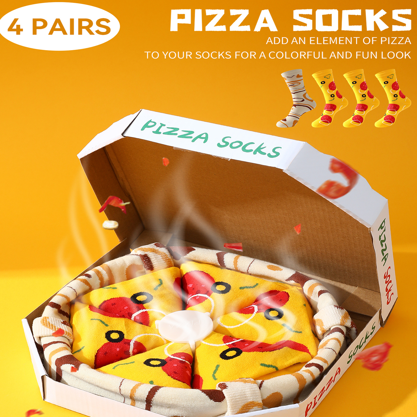 Quatro padrões de pizza de cores duplas homens e mulheres dando aos amigos meias de presente nas quatro estações dos modelos de outono e inverno