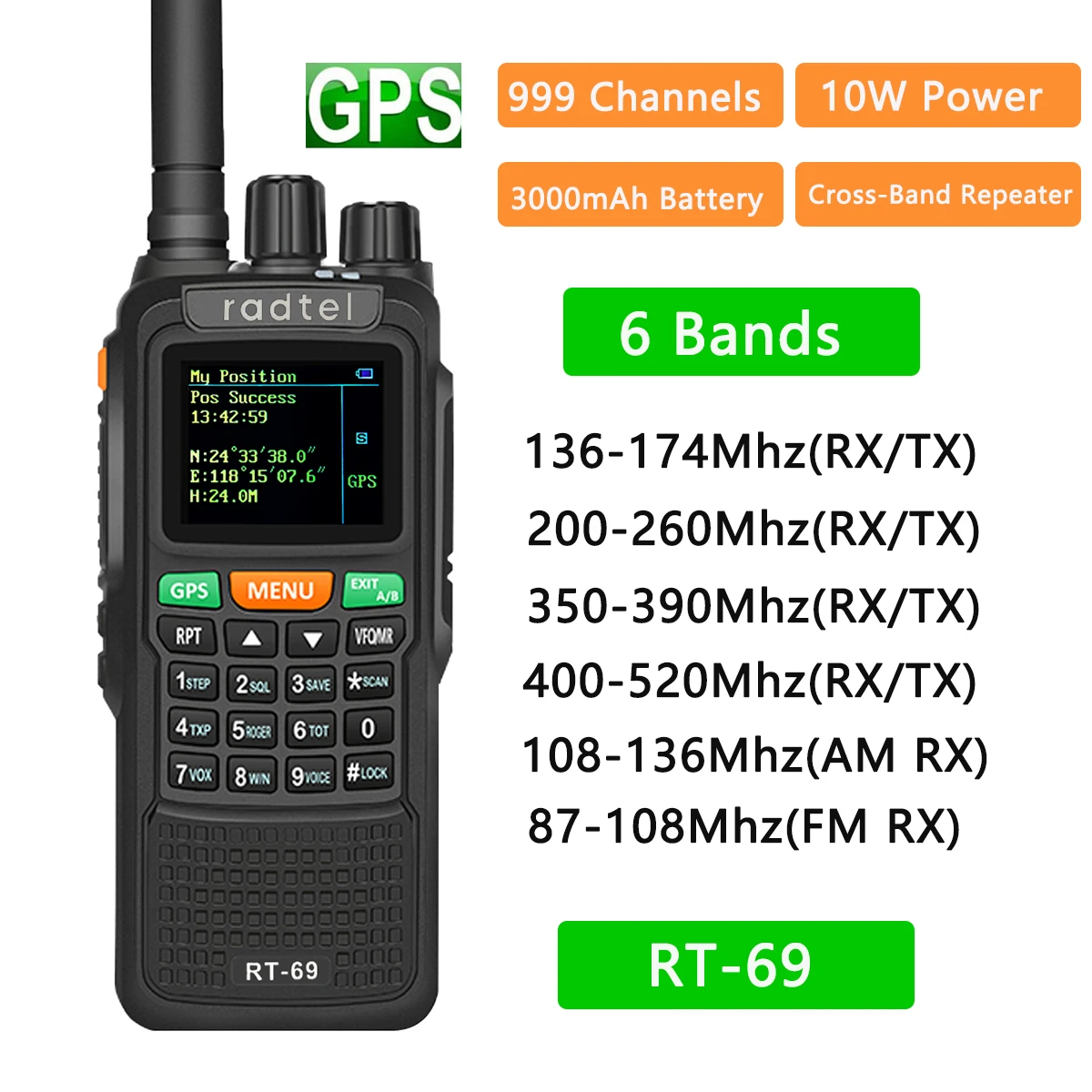 Radtel RT-69 gps 10w 6 bänder amateur ham zwei weg radio 999ch air band walkie talkie sos farbe lcd polizei scanner luftfahrt band