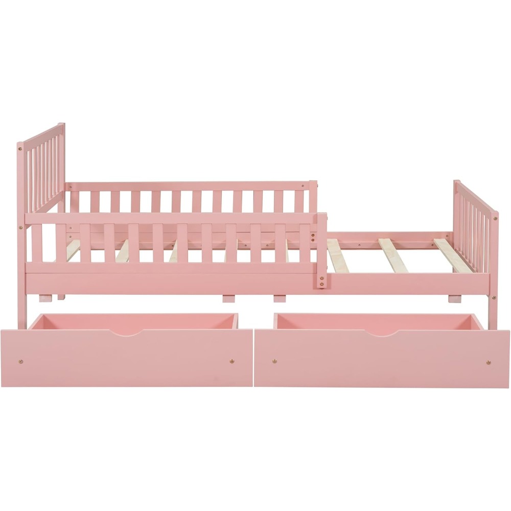 Kids Twin Bed with Guardrails, Low Platform Bed with Headboard and Footboard, Pink Children Bed Frame with 2 Drawers for Boy Gir