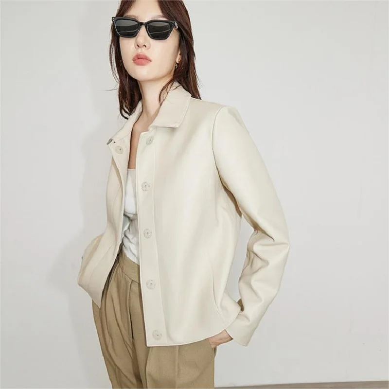 Abrigo de cuero genuino para mujer primavera otoño solapa botón cubierto suelto España piel de oveja corto blanco/marrón chaqueta Puffer femenina