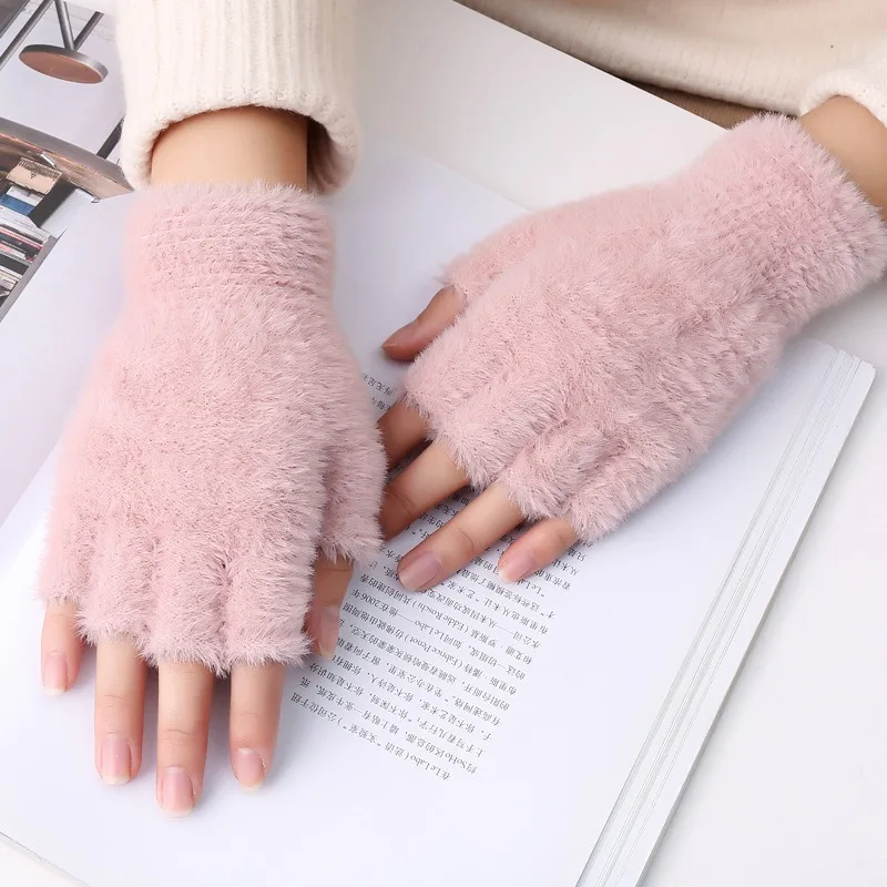 Mulheres homens meio dedo inverno imitação de vison luvas de caxemira tela sensível ao toque escrita luvas quentes de lã para dirigir esportes ao ar livre