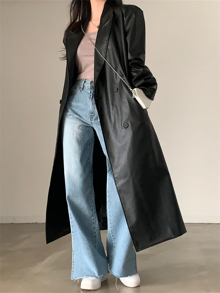 Frauen Mode Chic Schwarz Lange Trech Faux Leder Jacke frauen Koreanische Herbst 2024 Casual Pu mäntel Frauen (hf1907