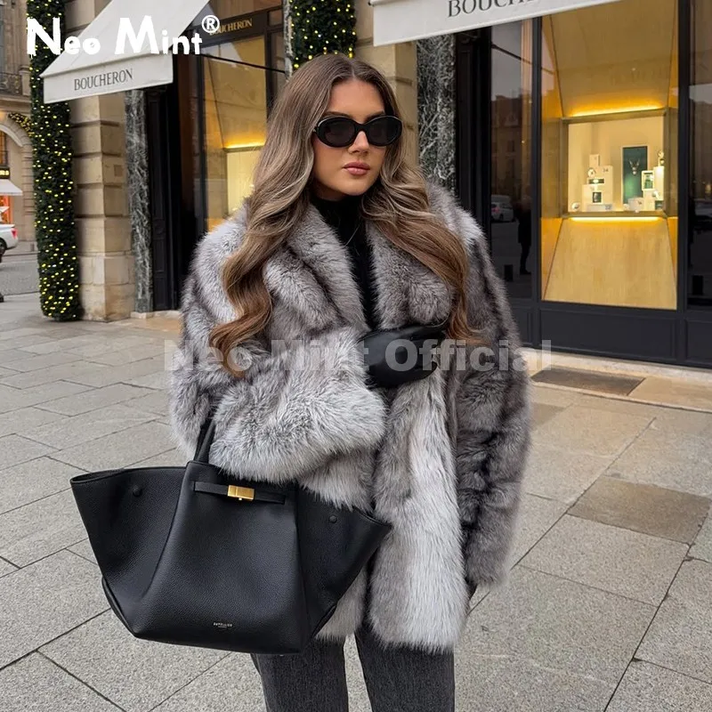Neo mint marca moda 90s vintage retro marrom listrado casaco de pele do falso feminino 2025 inverno chique gola scraf casaco de pele de raposa