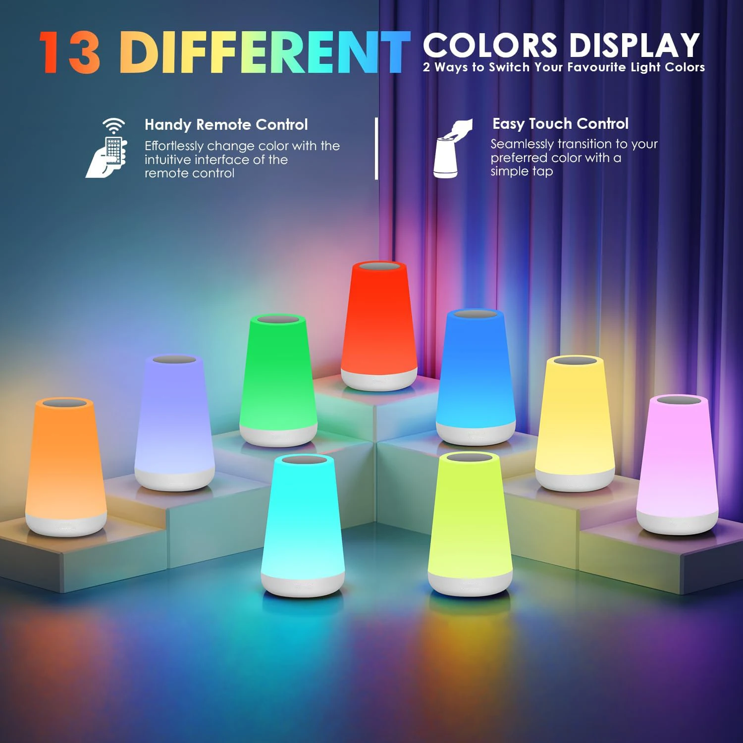 Luz LED nocturna que cambia de 13 colores, Control remoto táctil, recargable por USB, lámpara de noche RGB, lámpara regulable, lámpara de mesita de noche portátil