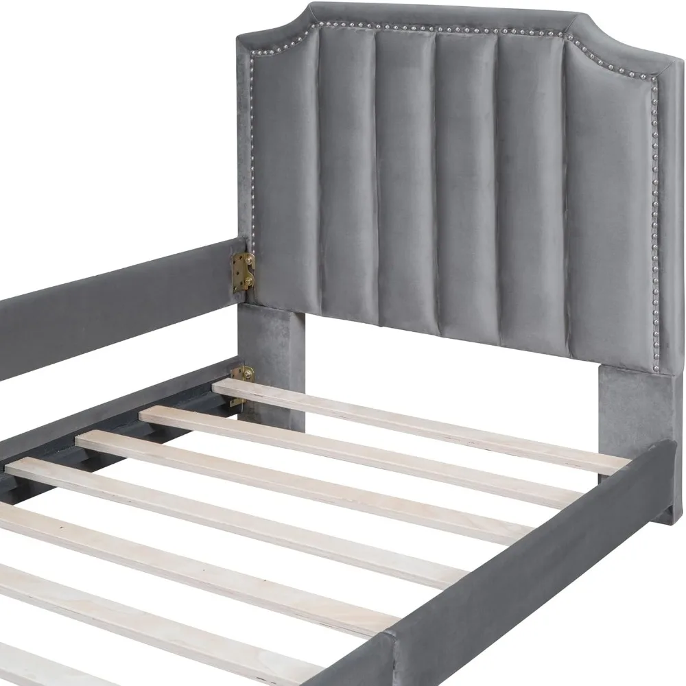Gray Twin Size Bed Frame for Kids, Upholstered Twin Daybed with Classic Stripe Shaped Headboard, Velvet Twin Platform Bed