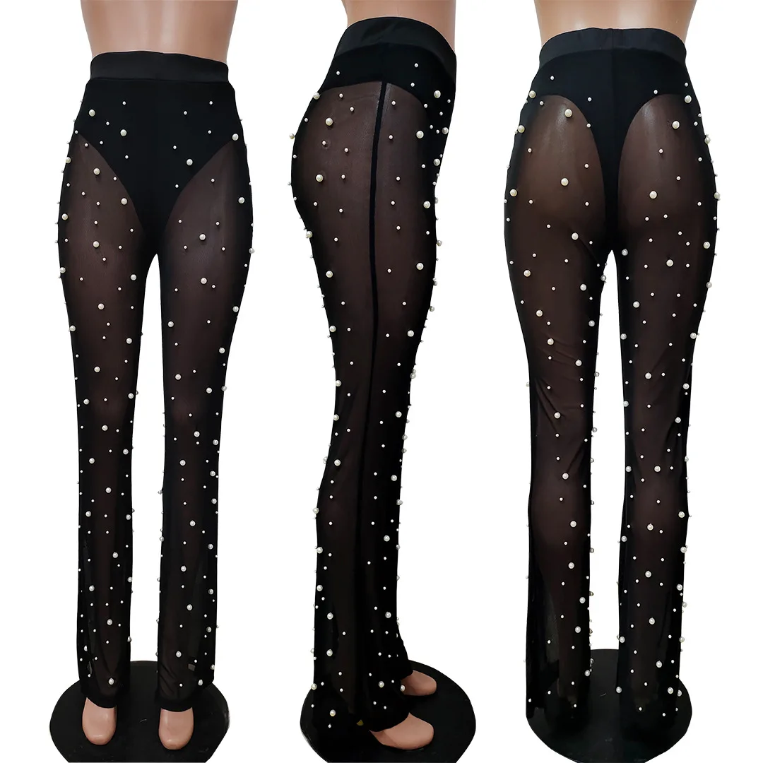 Pantalones de pierna ancha con cuentas para mujer, pantalón informal, cómodo, de malla, Color sólido, holgado, recto, otoño 2024