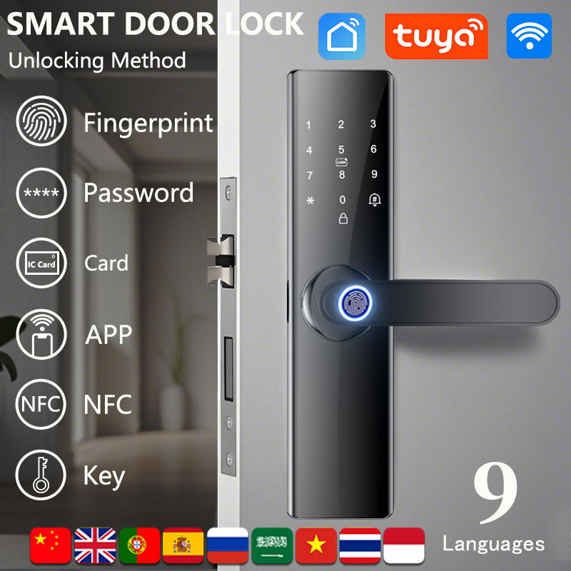 Cerradura de puerta inteligente electrónica Digital Tuya Wifi con huella dactilar, tarjeta inteligente, contraseña, desbloqueo, seguridad y comodidad avanzados
