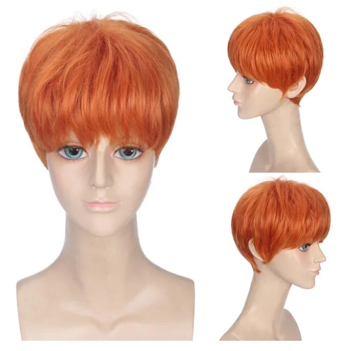 Peluca sintética corta de arcoíris Natural para hombres, cabello naranja con flequillo, Cosplay, Anime, Halloween, diario