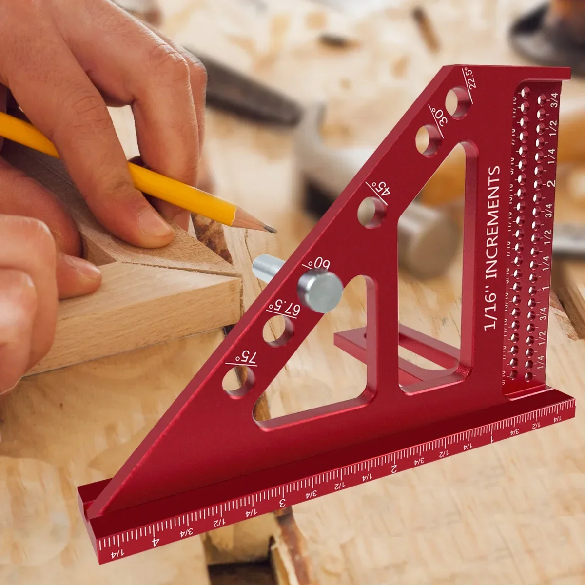 3D Multi-Angle Woodworking Square Protractor, Aluminum Alloy Miter Triangle Ruler T-Type Scriber - 22.5/30/45/60/67.5/90 Degree