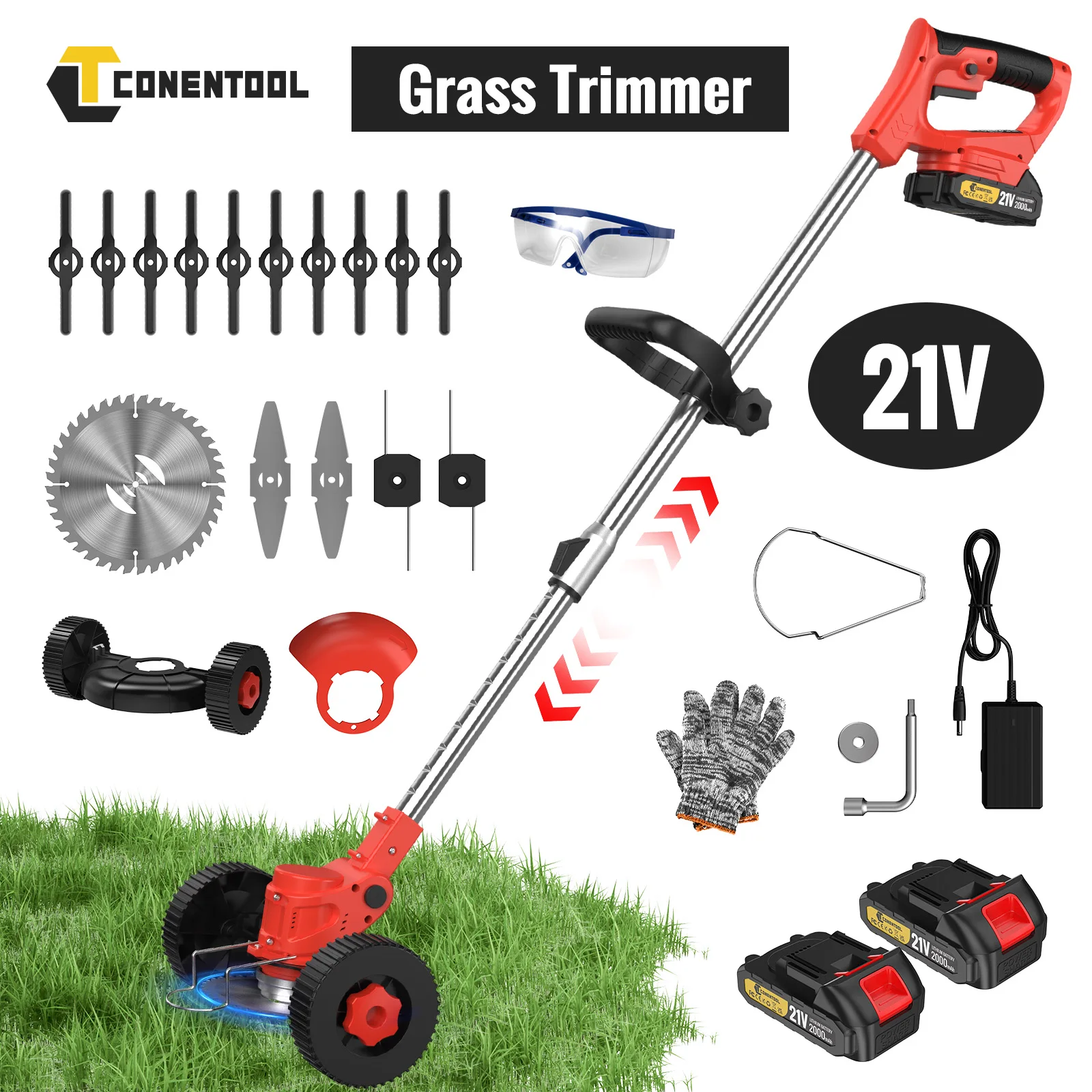Conentool Rasaerba Elettrico Cordless Strimmer con 2 Batterie Tenuto In Mano di Lunghezza Regolabile Tagliaerba Per Makita 21V Batteria