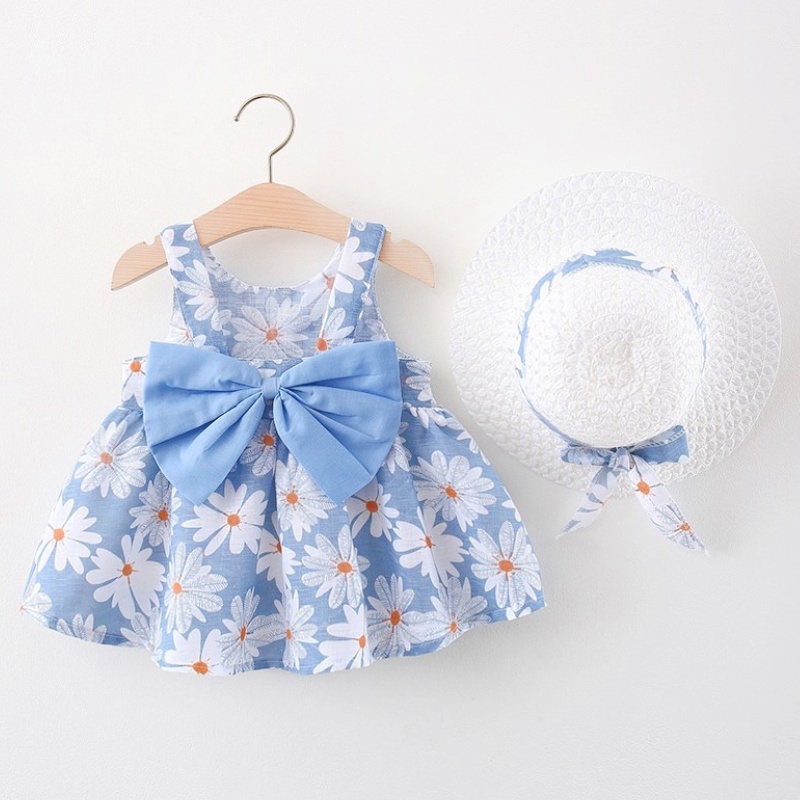 Abito da bambina in stile coreano per bambina. Abito con fiocco stampato a fiori carini. Invia cappello