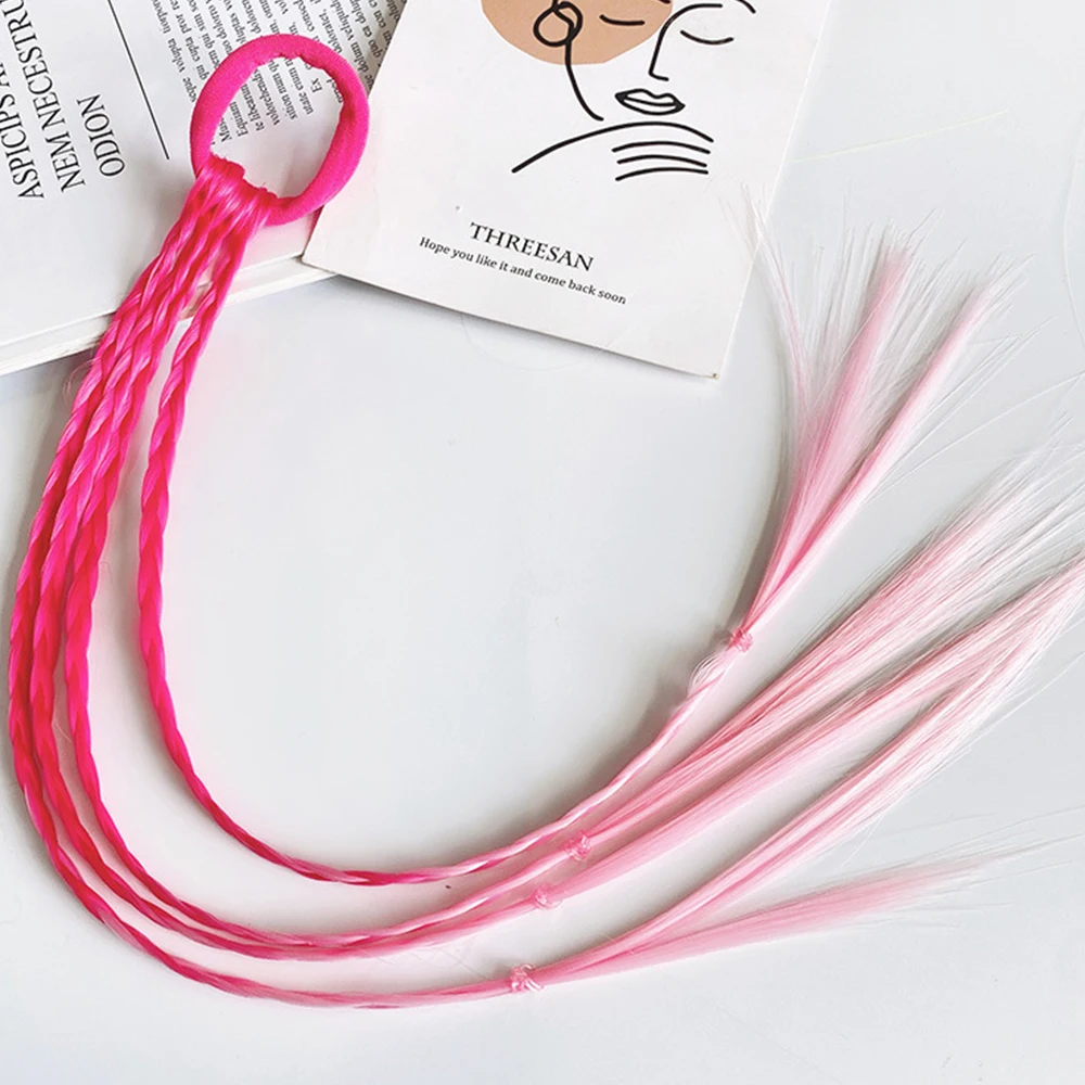 Extensões de cabelo de tranças coloridas sintéticas com faixas de borracha arco-íris trançado rabo de cavalo acessórios de cabelo para crianças meninas