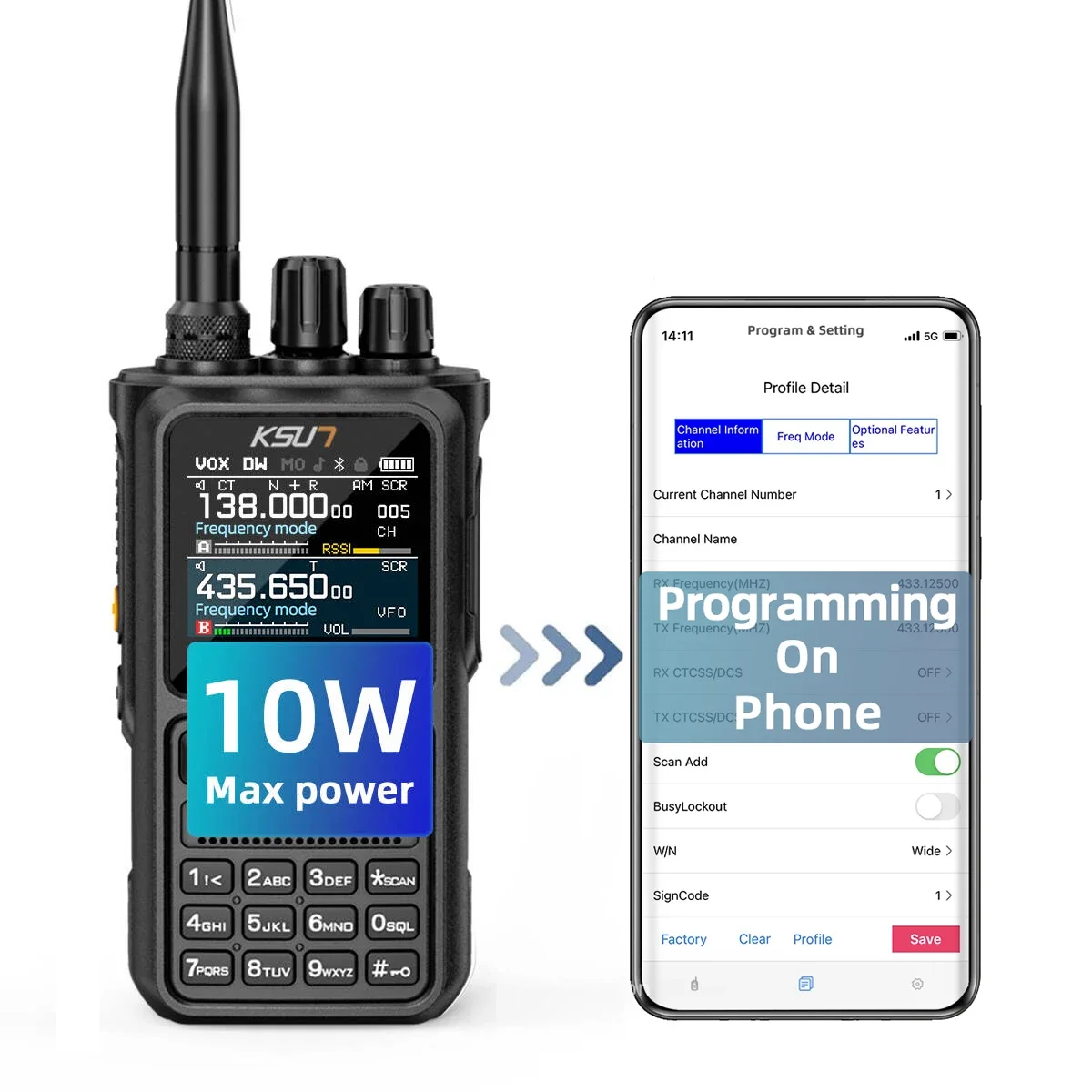 KSUN UV110D VHF UHF transceptor de Radio HAM de doble banda 10W linterna SOS Radio bidireccional 0-9 Squelch Walkie Talkie de dientes azules