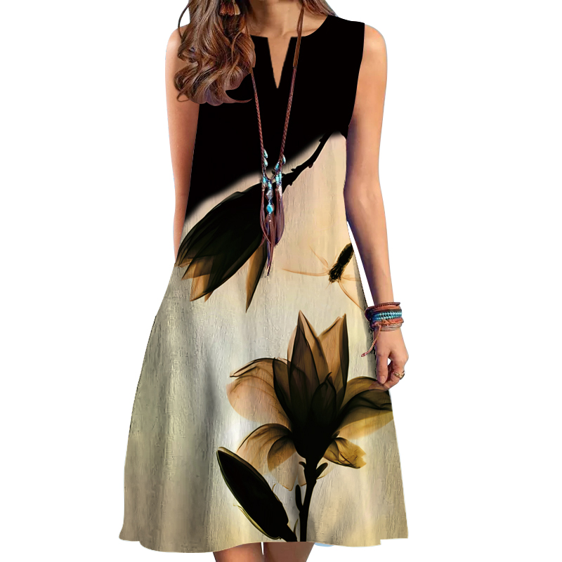 2024 europeu e americano transfronteiriço roupas femininas novo vestido com decote em v sem mangas sexy impresso bainha grande vestido de comprimento médio