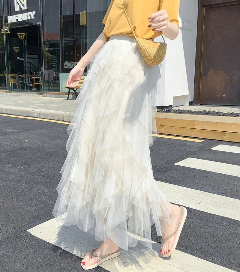 Dames Elastische Hoge Taille Tule Mesh Onregelmatige Tutu Rok Zomer Meisjes Feest Ouder Kind Meisje Geplooid Lange Midi Rokken