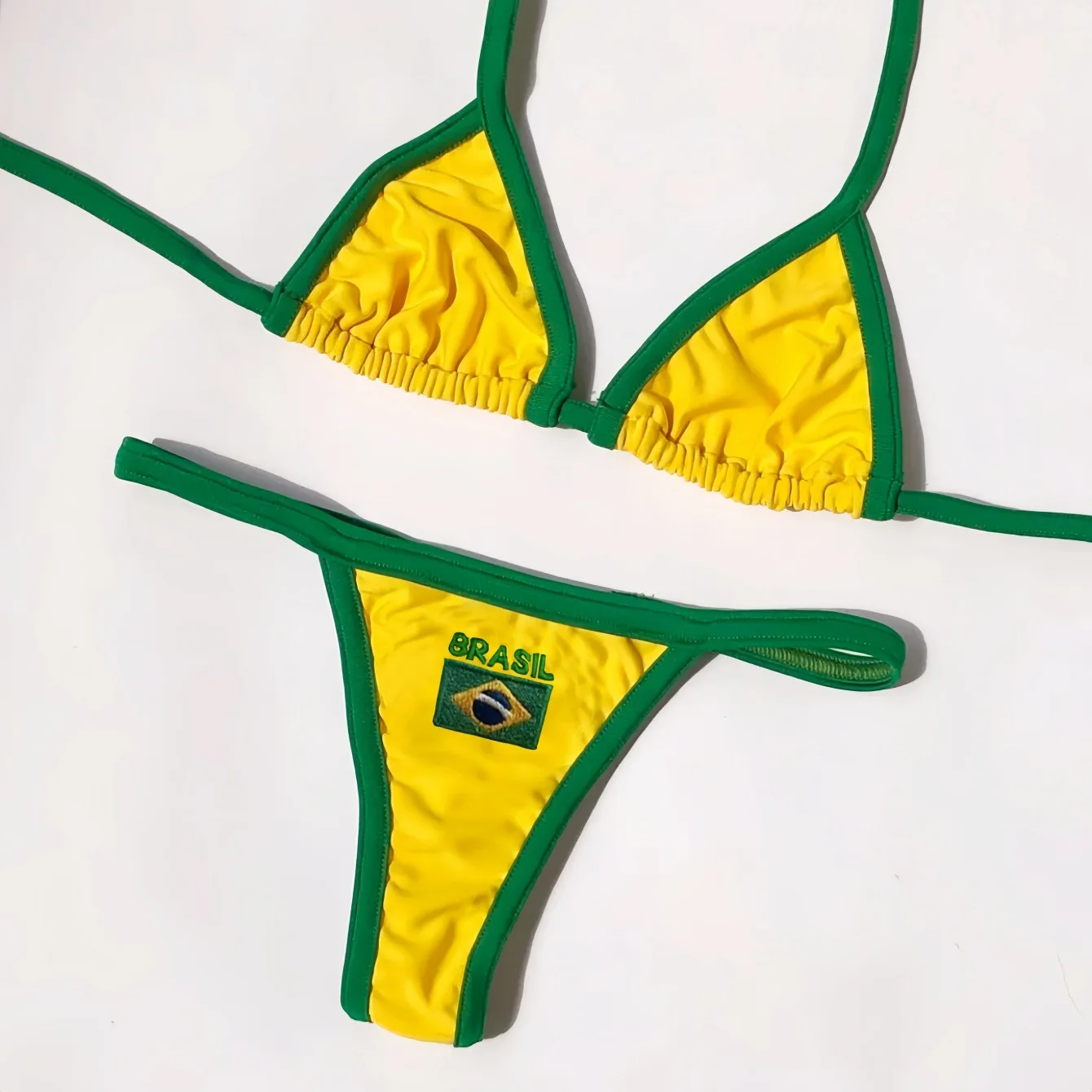 RUOTONSEPT Sexy broderie drapeau du brésil contraste fendu Bikini ensemble femmes maillots de bain Patchwork maillot de bain Hottie tenue SummerBeachwear