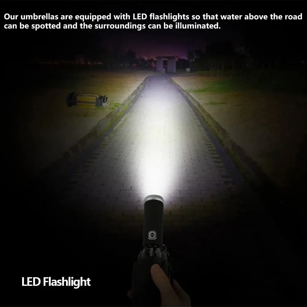 Paraguas de protección solar totalmente automático, plegable, impermeable, con linterna LED, UV, resistente a la lluvia y al viento