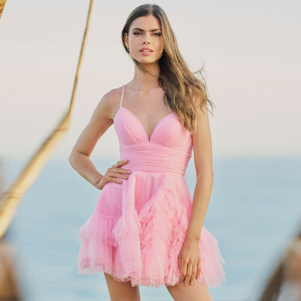 SERENDIPIDTY-vestido de fiesta con tirantes finos para mujer, ropa con volantes en capas, color rosa, barato