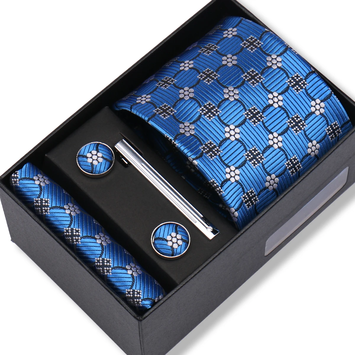 Hochwertiges Krawatten-Set, Geschenkbox, Krawatte, Einstecktücher, Manschettenknöpfe, Krawattenklammer-Set mit schwarzer Box, Herren-Geburtstagsgeschenk, Gravatas-Zubehör