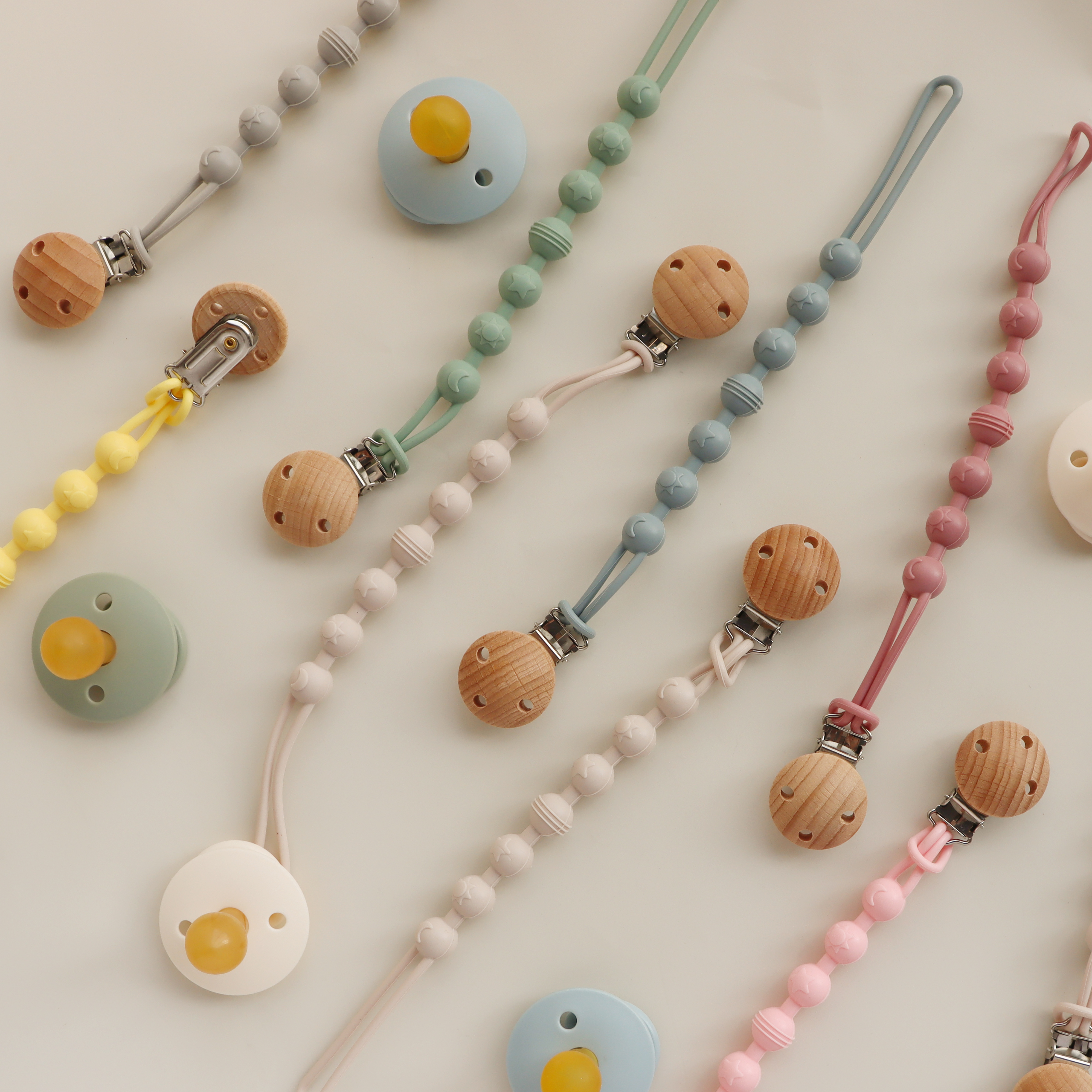 Silicone Teether Nipple holder Baby pacifier Clip chain dummy holder straps Siamese beads rope for sucking pacifiers soothing